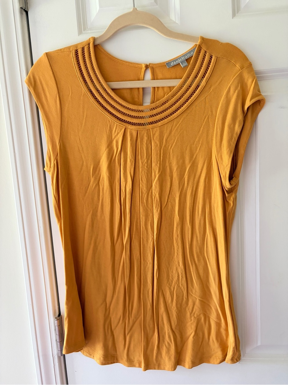 Daniel Rainn Mustard Short-Sleeve Knit Top with Decorative Neckline